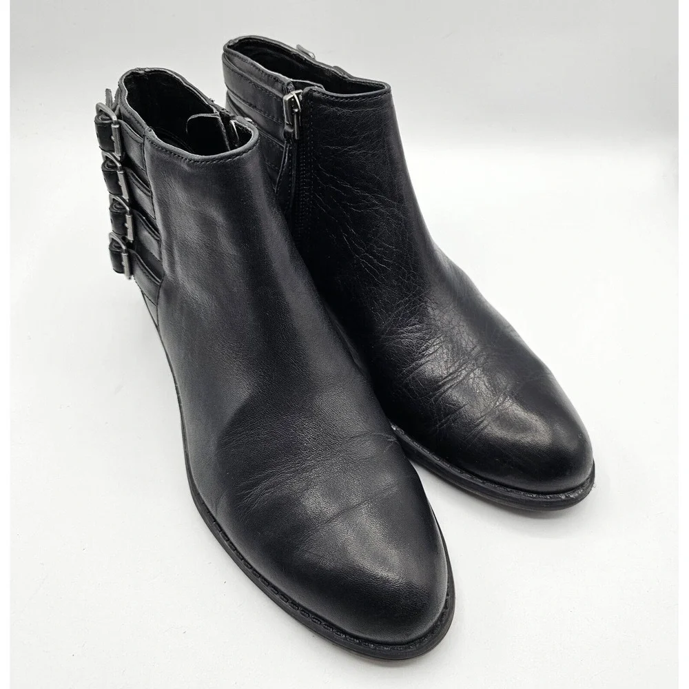 Franco Sarto Cyan Boots Women 6.5 Black Leather Ankle Booties Buckles Block Heel